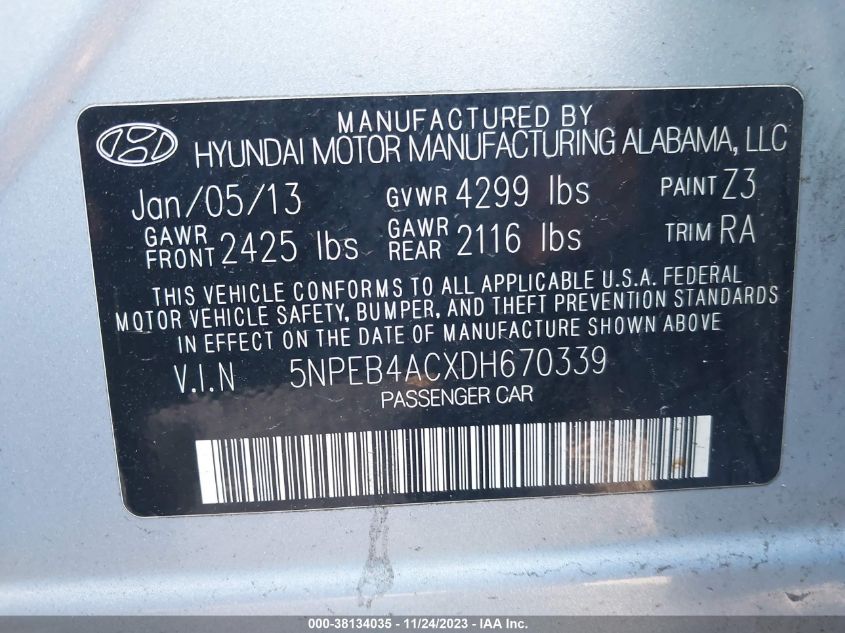 2013 HYUNDAI SONATA GLS - 5NPEB4ACXDH670339