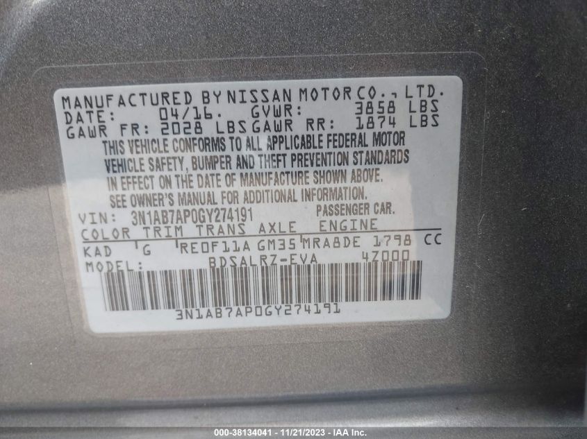 2016 NISSAN SENTRA SR - 3N1AB7AP0GY274191