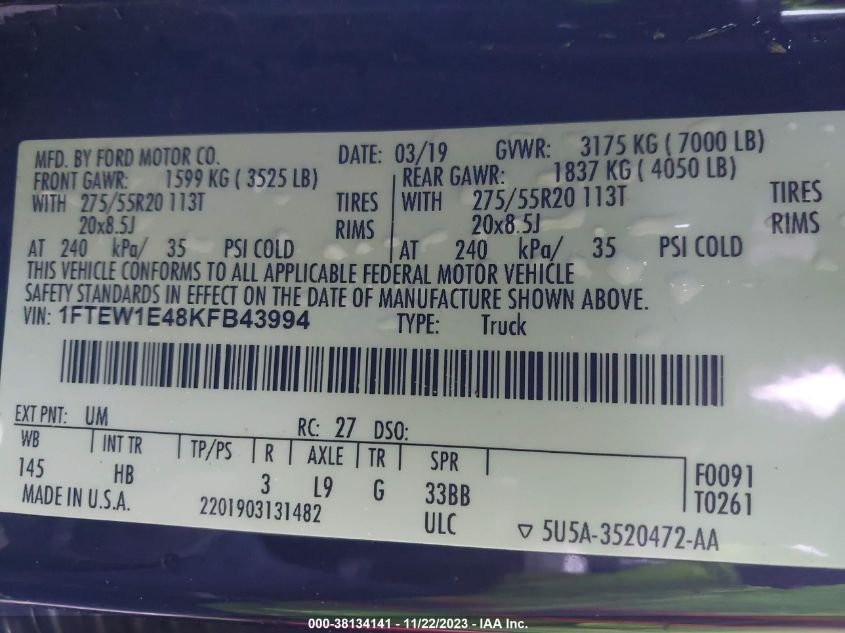 2019 FORD F-150 LARIAT - 1FTEW1E48KFB43994
