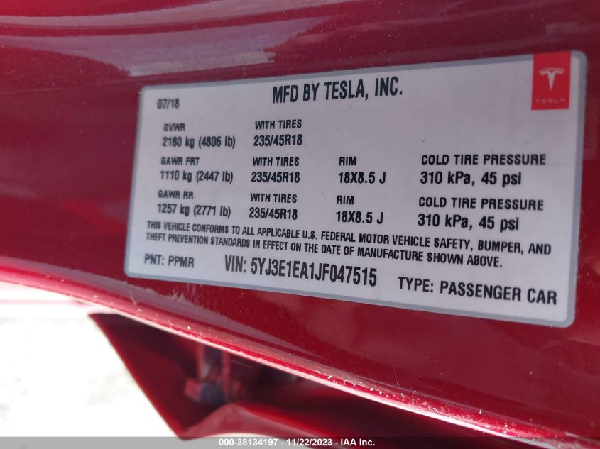 2018 TESLA MODEL 3 LONG RANGE/MID RANGE - 5YJ3E1EA1JF047515