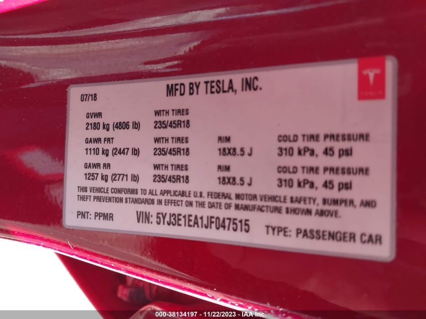 2018 TESLA MODEL 3 LONG RANGE/MID RANGE - 5YJ3E1EA1JF047515