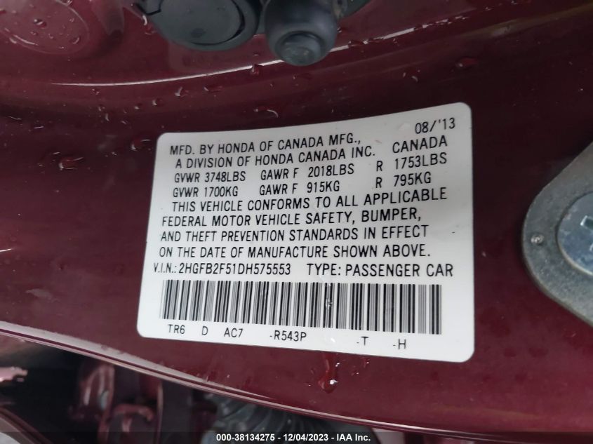 2013 HONDA CIVIC LX - 2HGFB2F51DH575553