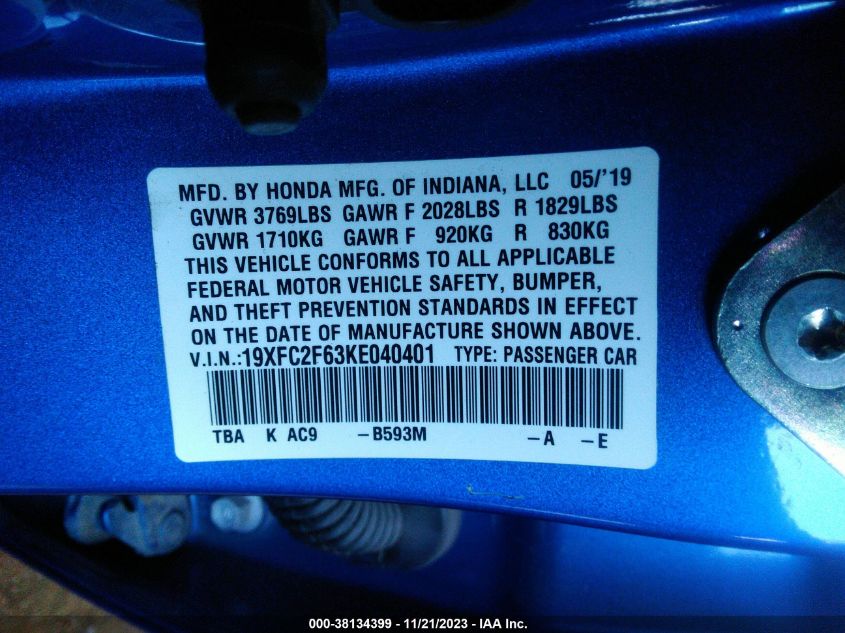 2019 HONDA CIVIC LX - 19XFC2F63KE040401