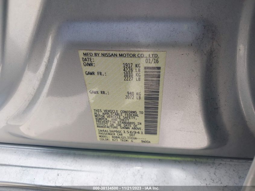 2016 NISSAN ALTIMA 2.5/2.5 S/2.5 SL - 1N4AL3AP6GC156941