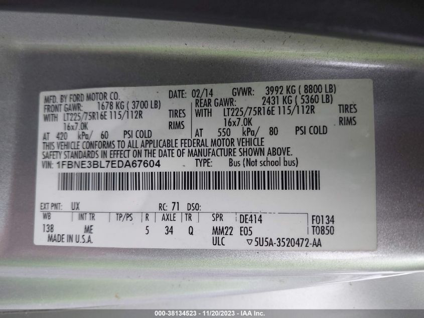 2014 FORD E-350 SUPER DUTY XLT 1FBNE3BL7EDA67604
