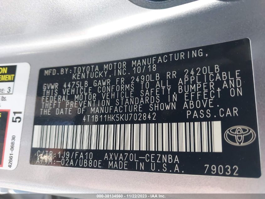 2019 TOYOTA CAMRY LE - 4T1B11HK5KU702842