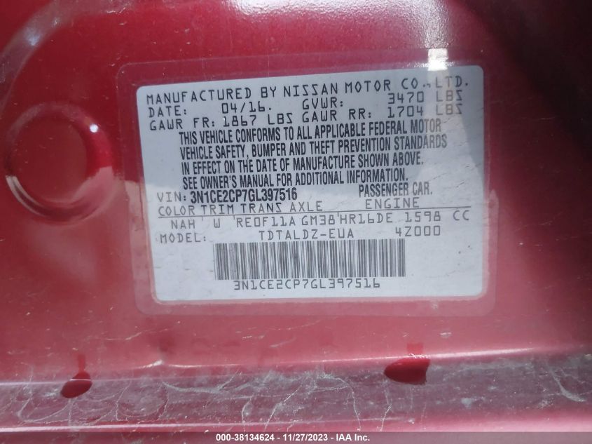 2016 NISSAN VERSA NOTE S/S PLUS/SV/SL/SR - 3N1CE2CP7GL397516