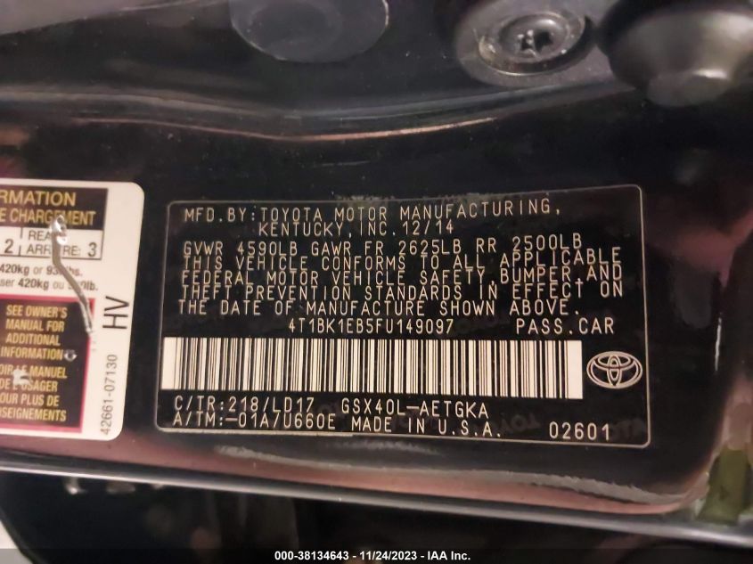 2015 TOYOTA AVALON XLE/PREMIUM/TOURING/LTD - 4T1BK1EB5FU149097