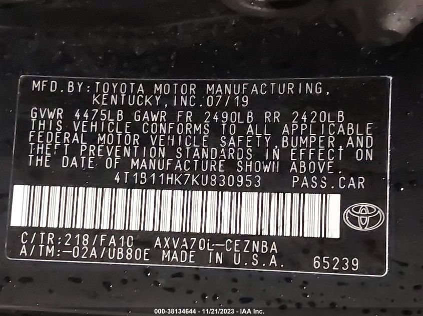 2019 TOYOTA CAMRY LE - 4T1B11HK7KU830953
