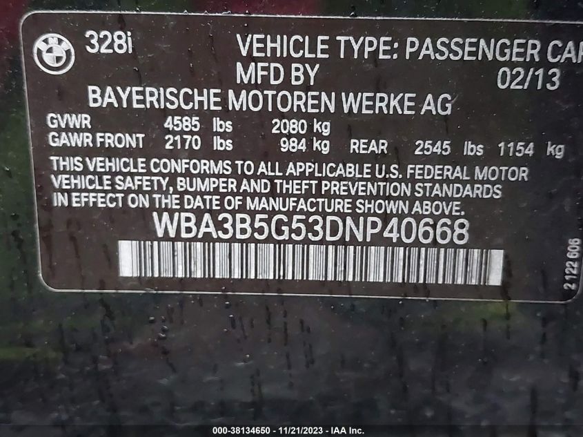 2013 BMW 3 SERIES 328I XDRIVE - WBA3B5G53DNP40668