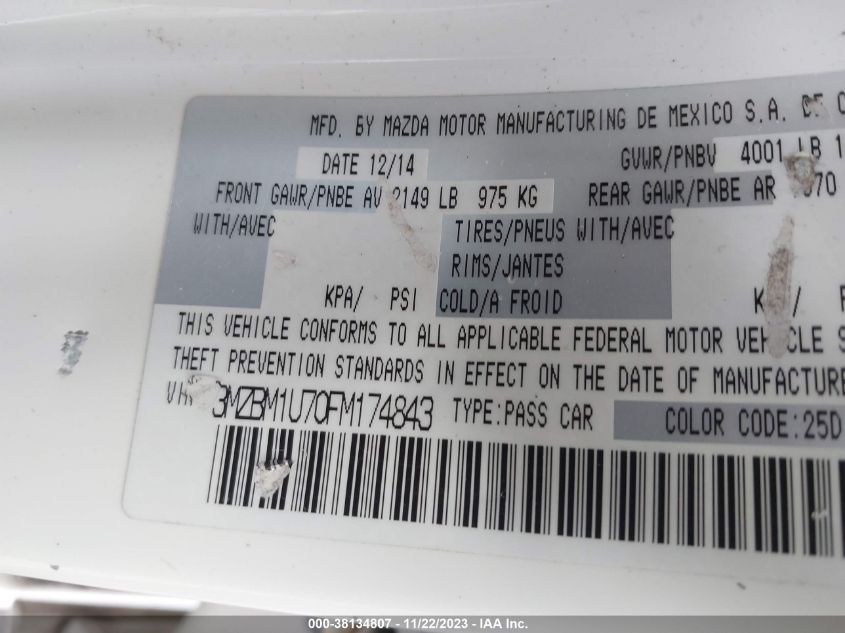 2015 MAZDA MAZDA3 I SPORT - 3MZBM1U70FM174843