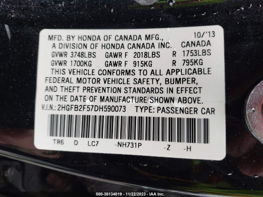 2013 HONDA CIVIC SDN LX 2HGFB2F57DH590073