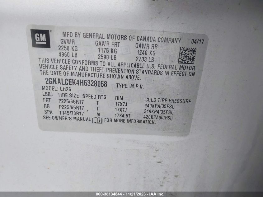 2017 CHEVROLET EQUINOX LT - 2GNALCEK4H6328068