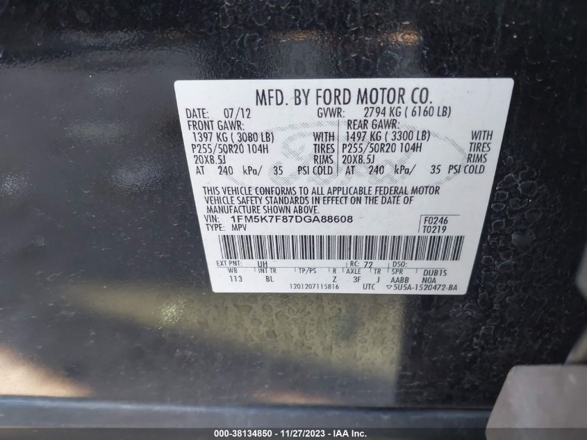 2013 FORD EXPLORER LIMITED - 1FM5K7F87DGA88608
