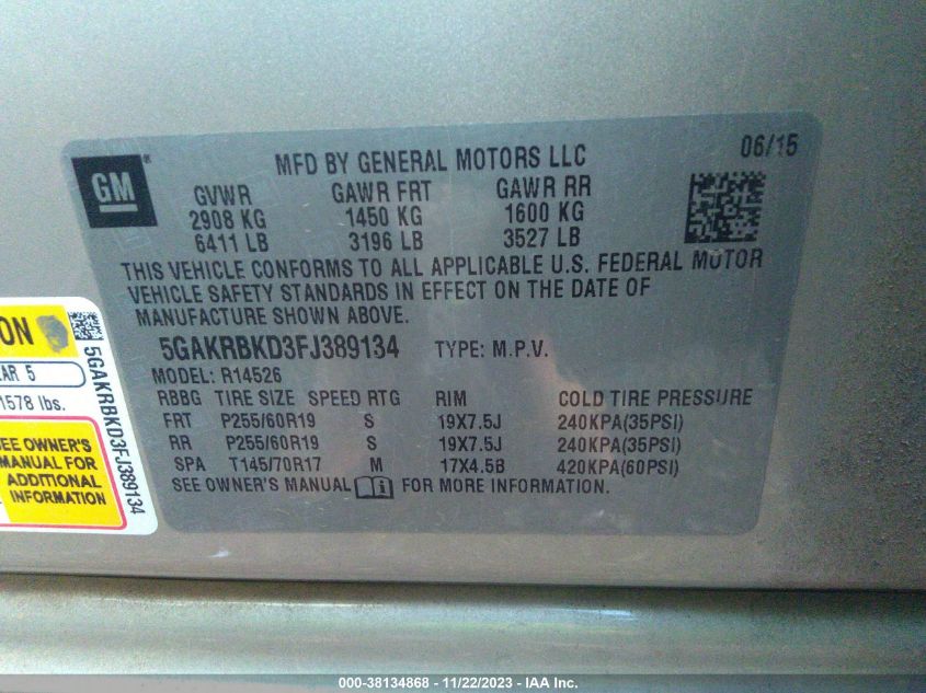 2015 BUICK ENCLAVE LEATHER - 5GAKRBKD3FJ389134
