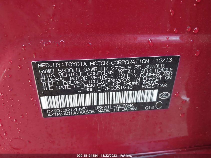 2014 LEXUS LS 460 L JTHGL1EF7E5051948