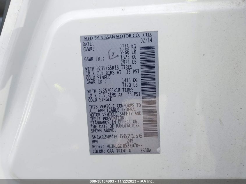 2014 NISSAN PATHFINDER SL - 5N1AR2MM4EC667156