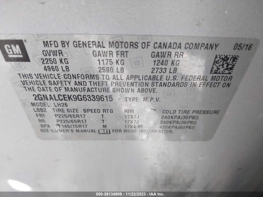 2016 CHEVROLET EQUINOX LT - 2GNALCEK9G6339615