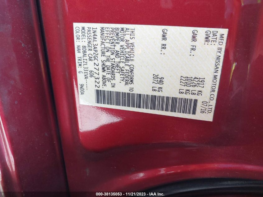 2016 NISSAN ALTIMA 2.5 SV - 1N4AL3AP2GC277322