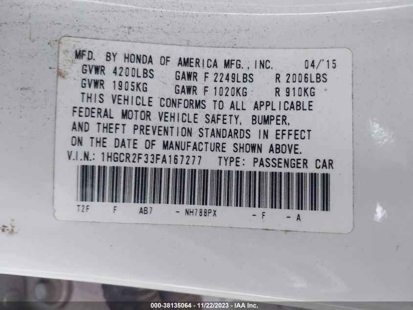 2015 HONDA ACCORD LX - 1HGCR2F33FA167277