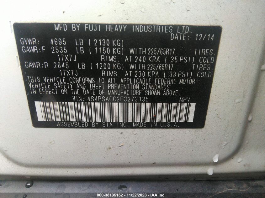 2015 SUBARU OUTBACK 2.5I PREMIUM - 4S4BSACC2F3273135