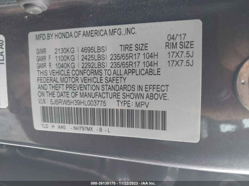 2017 HONDA CR-V LX - 5J6RW5H39HL003775