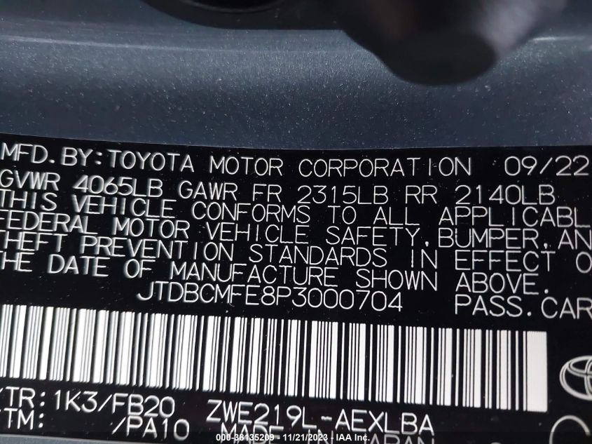 2023 TOYOTA COROLLA HYBRID LE - JTDBCMFE8P3000704