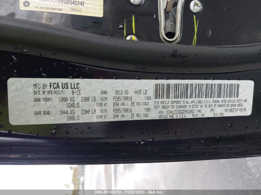 2016 JEEP COMPASS LATITUDE - 1C4NJCEB6GD543242