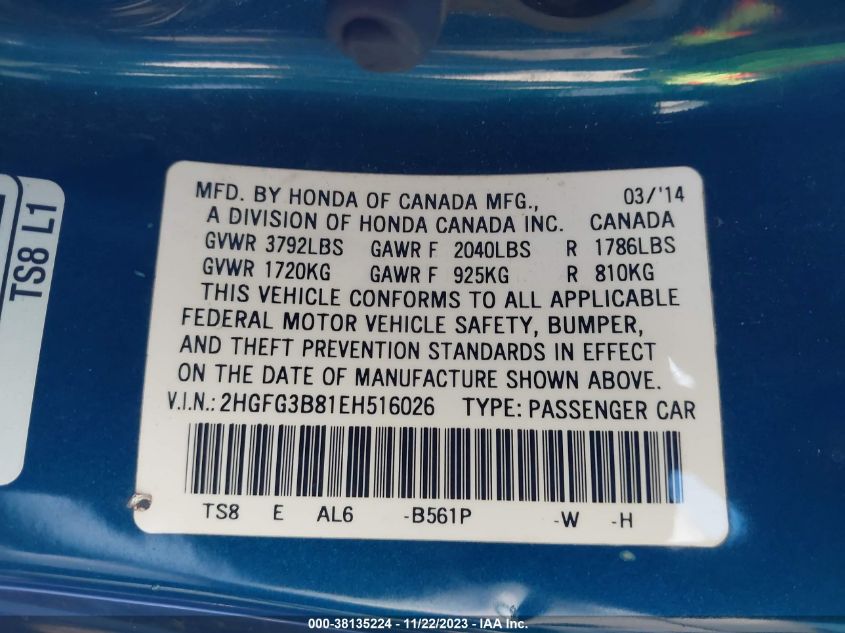 2014 HONDA CIVIC EX - 2HGFG3B81EH516026