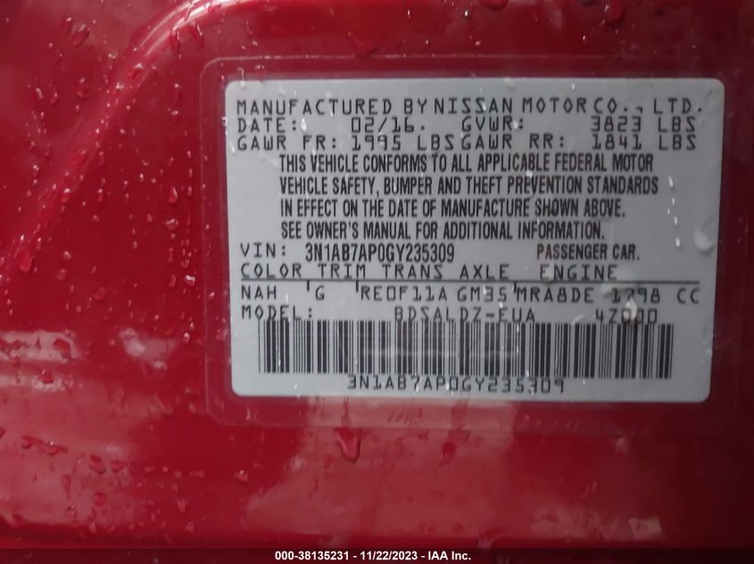 2016 NISSAN SENTRA FE+ S/S/SL/SR/SV - 3N1AB7AP0GY235309