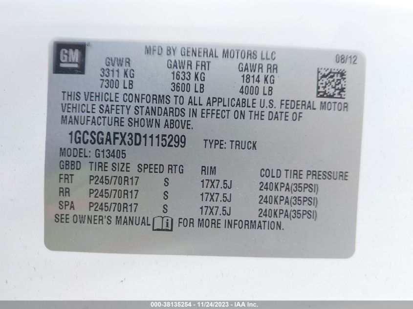 2013 CHEVROLET EXPRESS 1500 WORK VAN 1GCSGAFX3D1115299