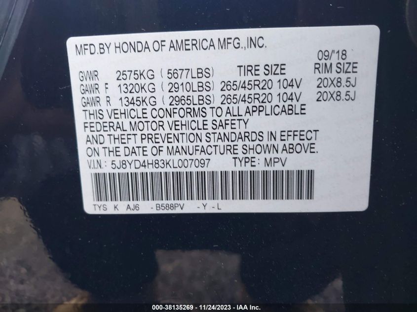 2019 ACURA MDX ADVANCE - 5J8YD4H83KL007097