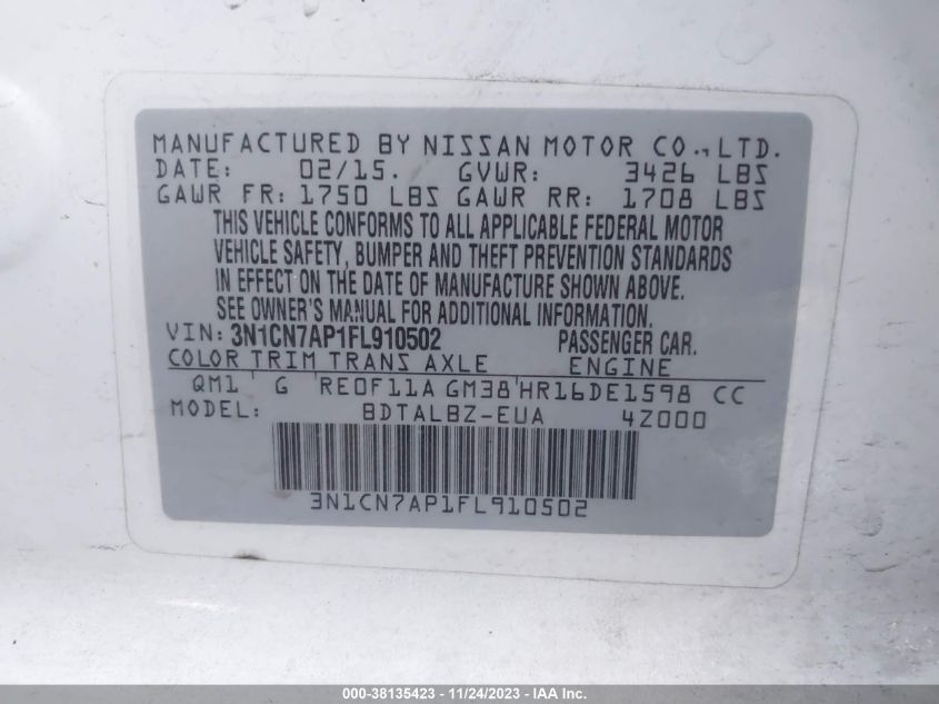 2015 NISSAN VERSA 1.6 S/1.6 S+/1.6 SL - 3N1CN7AP1FL910502