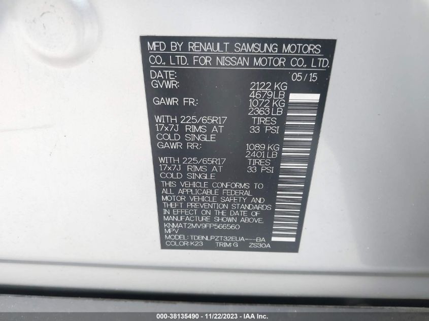 2015 NISSAN ROGUE S - KNMAT2MV9FP566560