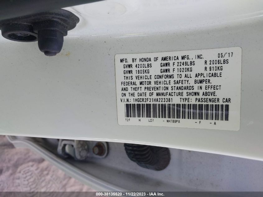 2017 HONDA ACCORD LX - 1HGCR2F31HA223381