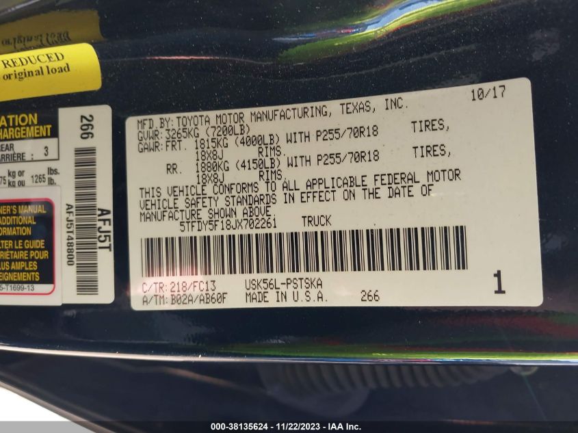 2018 TOYOTA TUNDRA SR5 5.7L V8 - 5TFDY5F18JX702261