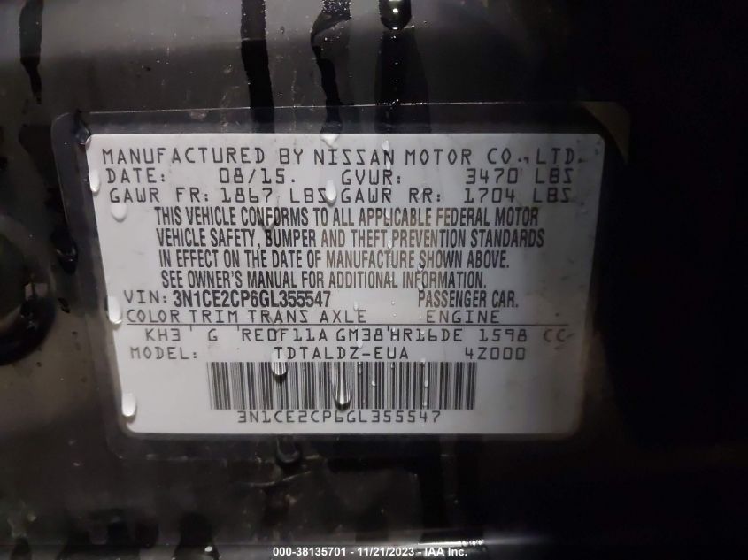 2016 NISSAN VERSA NOTE S (SR)/S PLUS/SL/SR/SV - 3N1CE2CP6GL355547