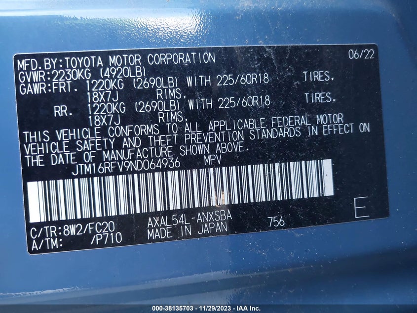 VIN JTM16RFV9ND064936 2022 TOYOTA RAV4 SE HYBRID