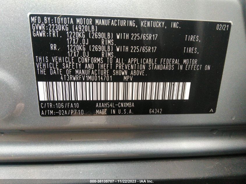 2021 TOYOTA RAV4 XLE HYBRID - 4T3RWRFV1MU014701