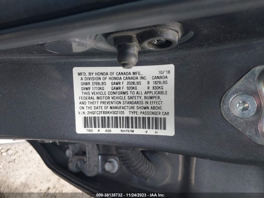 2019 HONDA CIVIC SPORT - 2HGFC2F8XKH502105