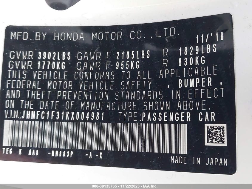 2019 HONDA CIVIC EX - JHMFC1F31KX004981