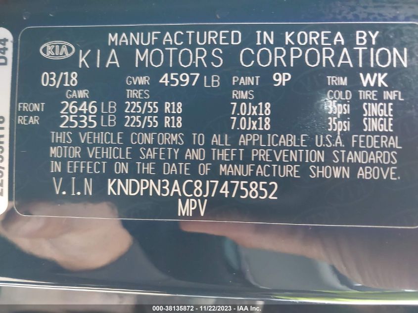 2018 KIA SPORTAGE EX - KNDPN3AC8J7475852