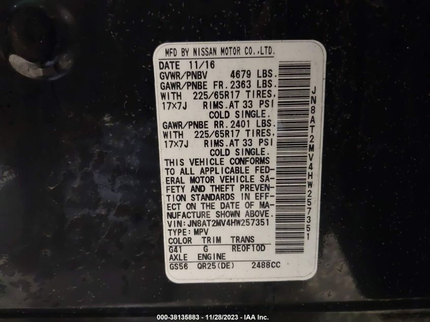 2017 NISSAN ROGUE S/SL/SV - JN8AT2MV4HW257351