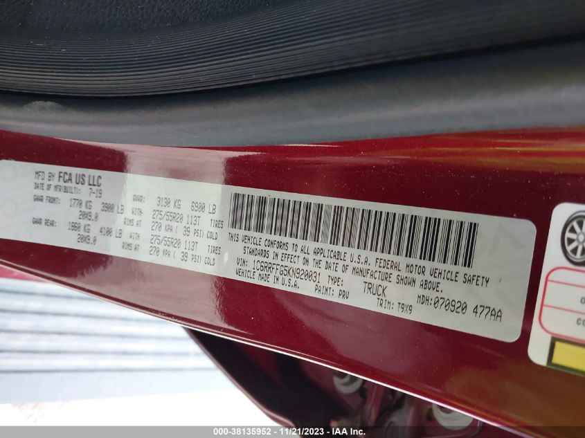 2019 RAM 1500 BIG HORN - 1C6RRFFG5KN920031