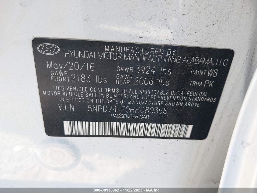 2017 HYUNDAI ELANTRA SE - 5NPD74LF0HH080368