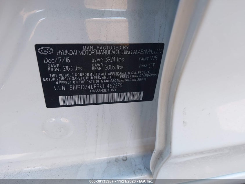 VIN 5NPD74LF3KH452275 2019 HYUNDAI ELANTRA SE