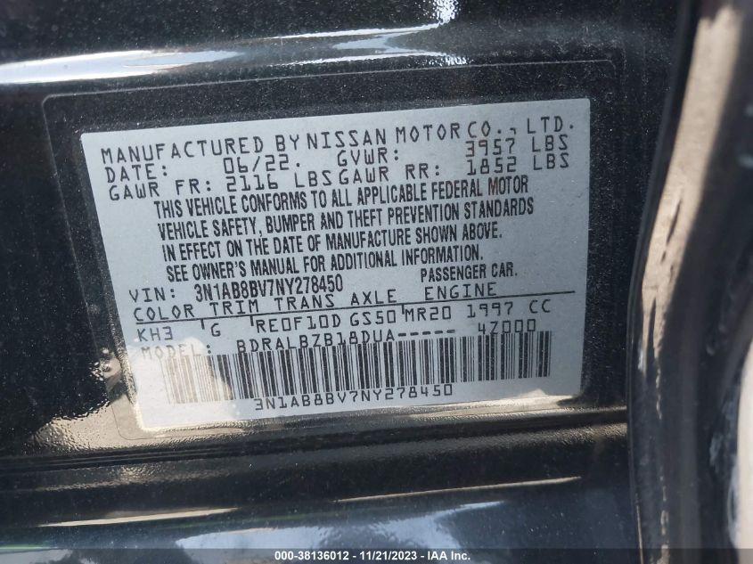 2022 NISSAN SENTRA S XTRONIC CVT - 3N1AB8BV7NY278450