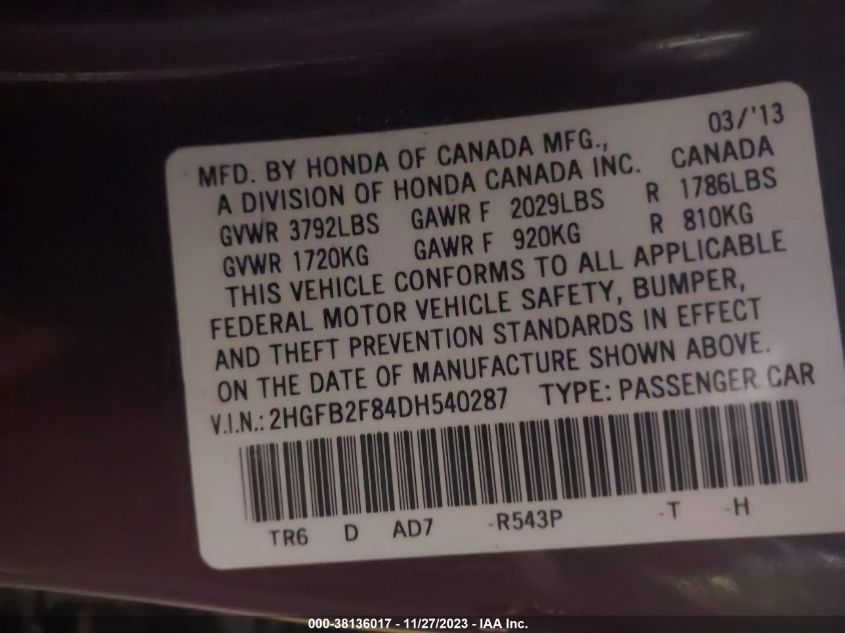 2013 HONDA CIVIC EX - 2HGFB2F84DH540287