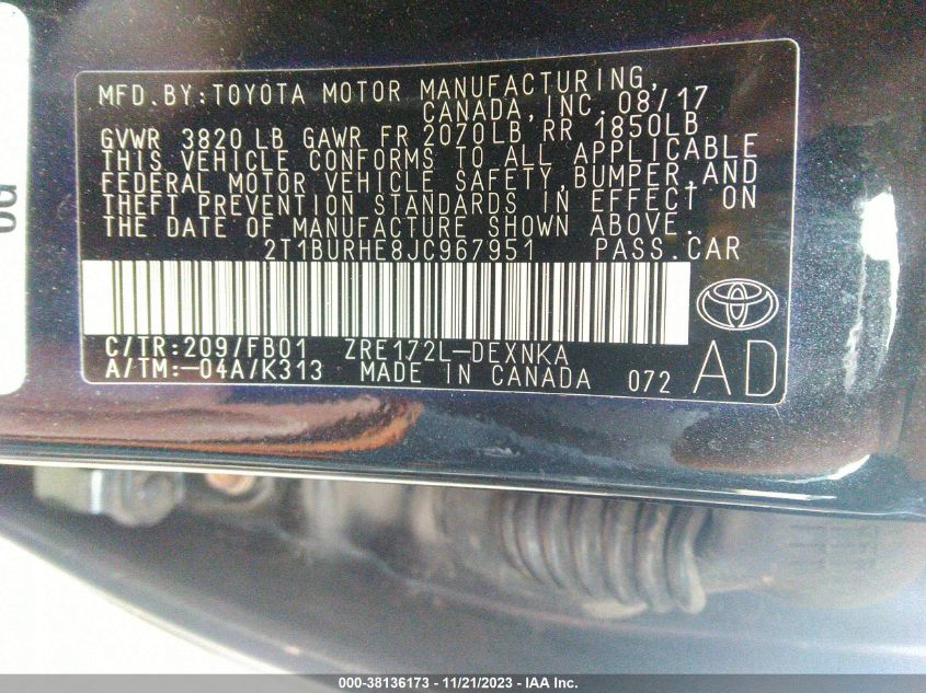 2018 TOYOTA COROLLA L/LE/SE/XLE/XSE - 2T1BURHE8JC967951