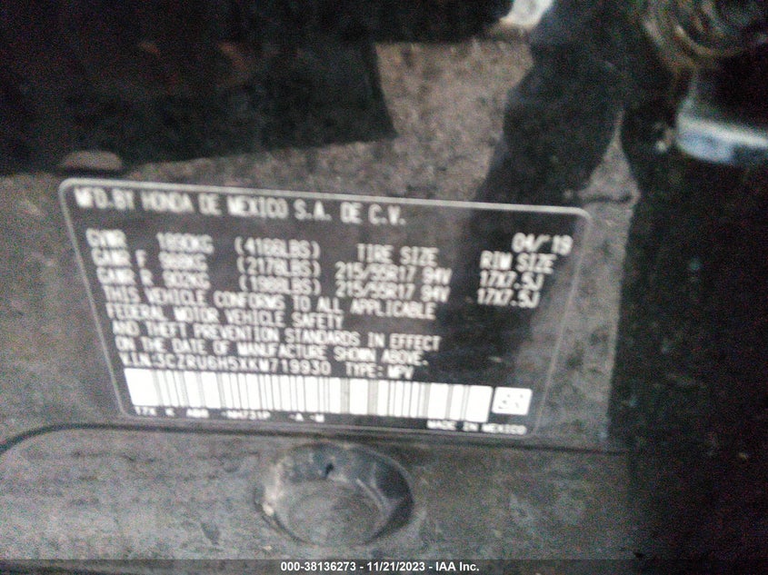 VIN 3CZRU6H5XKM719930 2019 HONDA HR-V EX